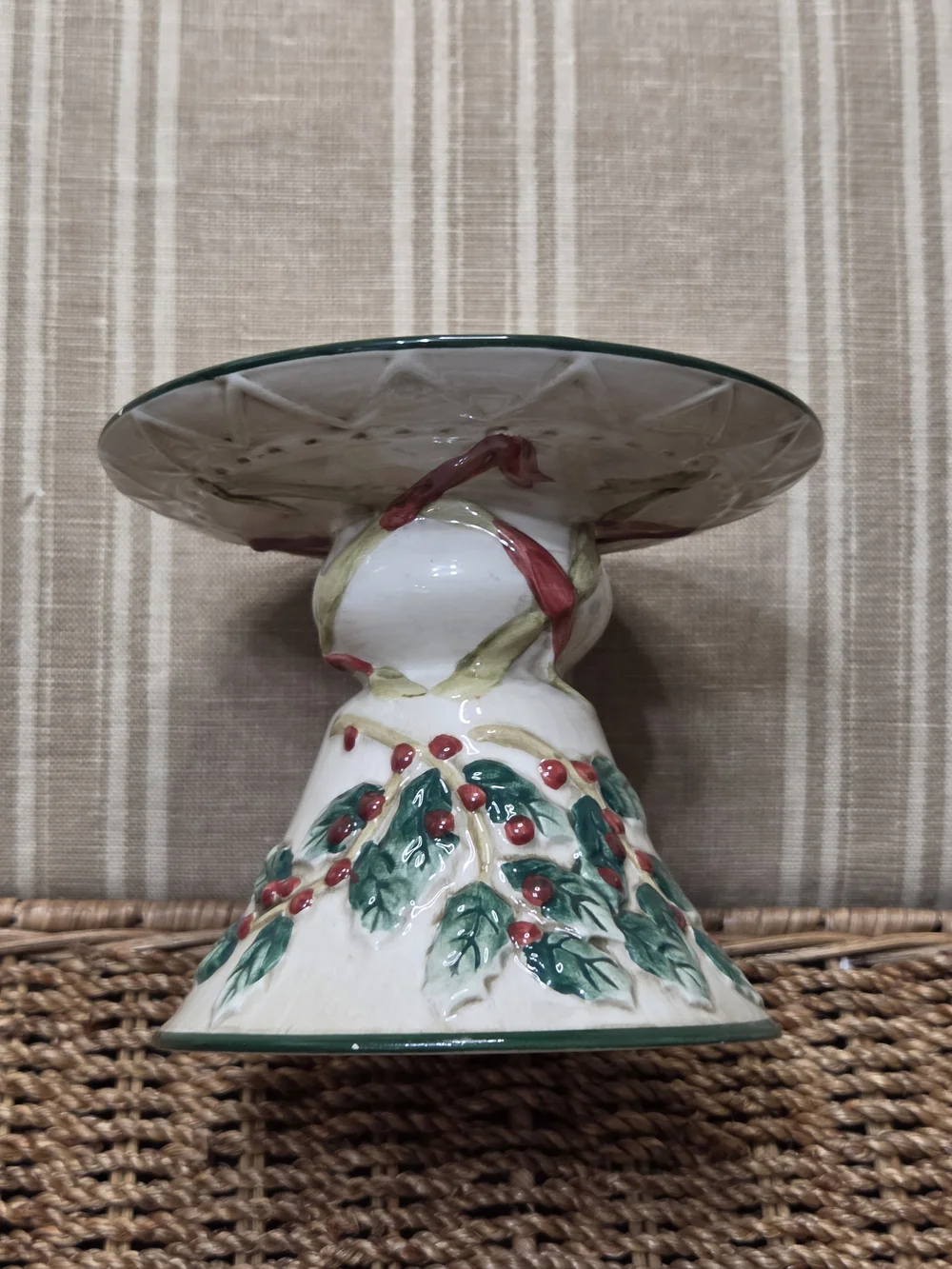 Vintage Dessert Stand Holly Pattern Christmas Glossy Green Red